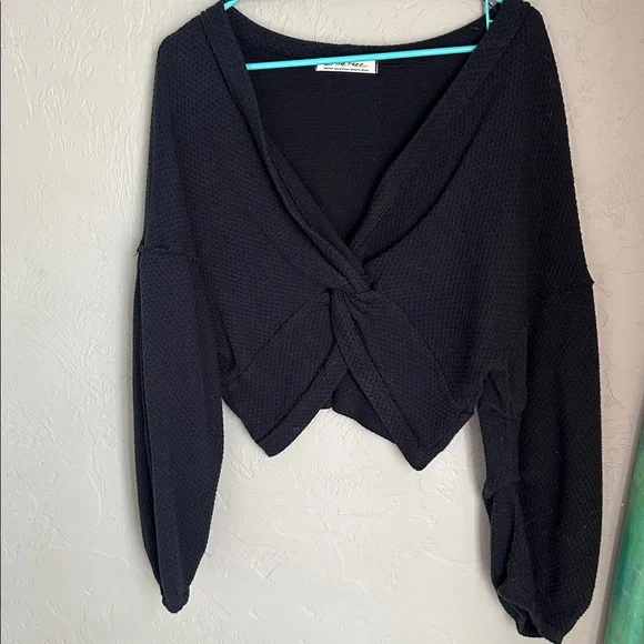 Free People We The Free Navy Blue Waffle Knit Cotton Comfy Sexy Crop Knot Top M - Picture 1 of 2